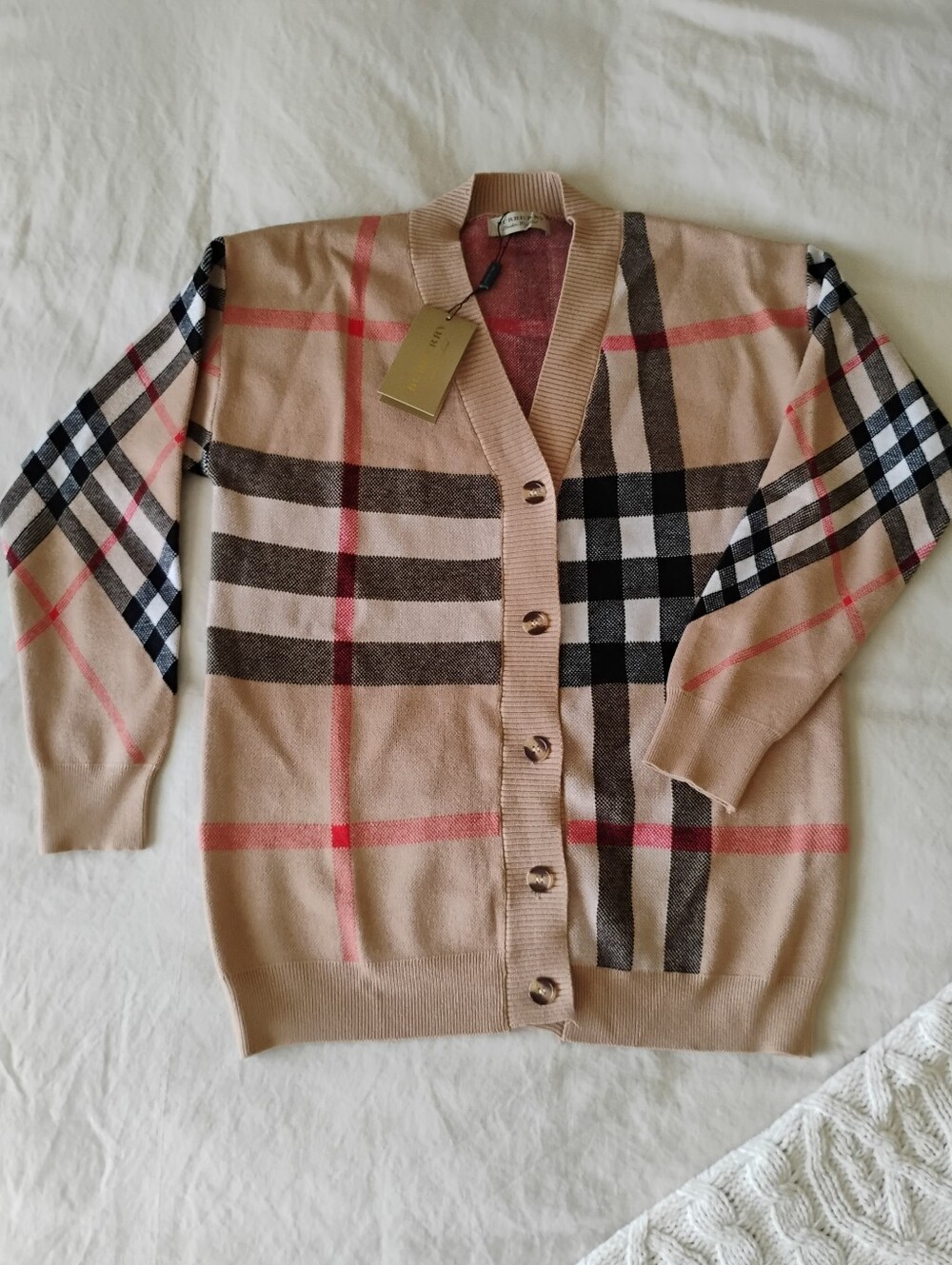 Beige Plaid V-Neck Button Cardigan with Red Accents